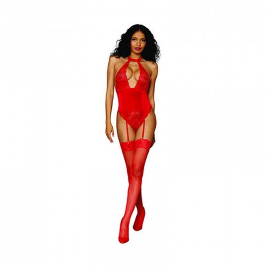 WOMEN&#039;S STRETCH LACE AND STRETCH VELVET GARTER TEDDY - ONE SIZE - RED