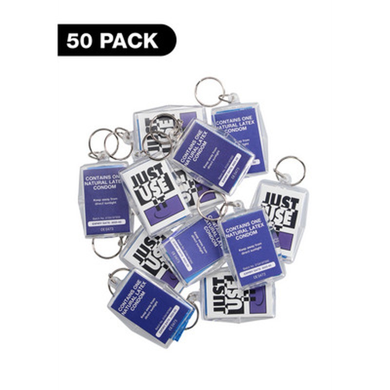 CONFEZIONE DA 50 PORTACHIAVI CON PROFILATTICI EXS KEY RINGS &#039;JUST USE IT&#039; 