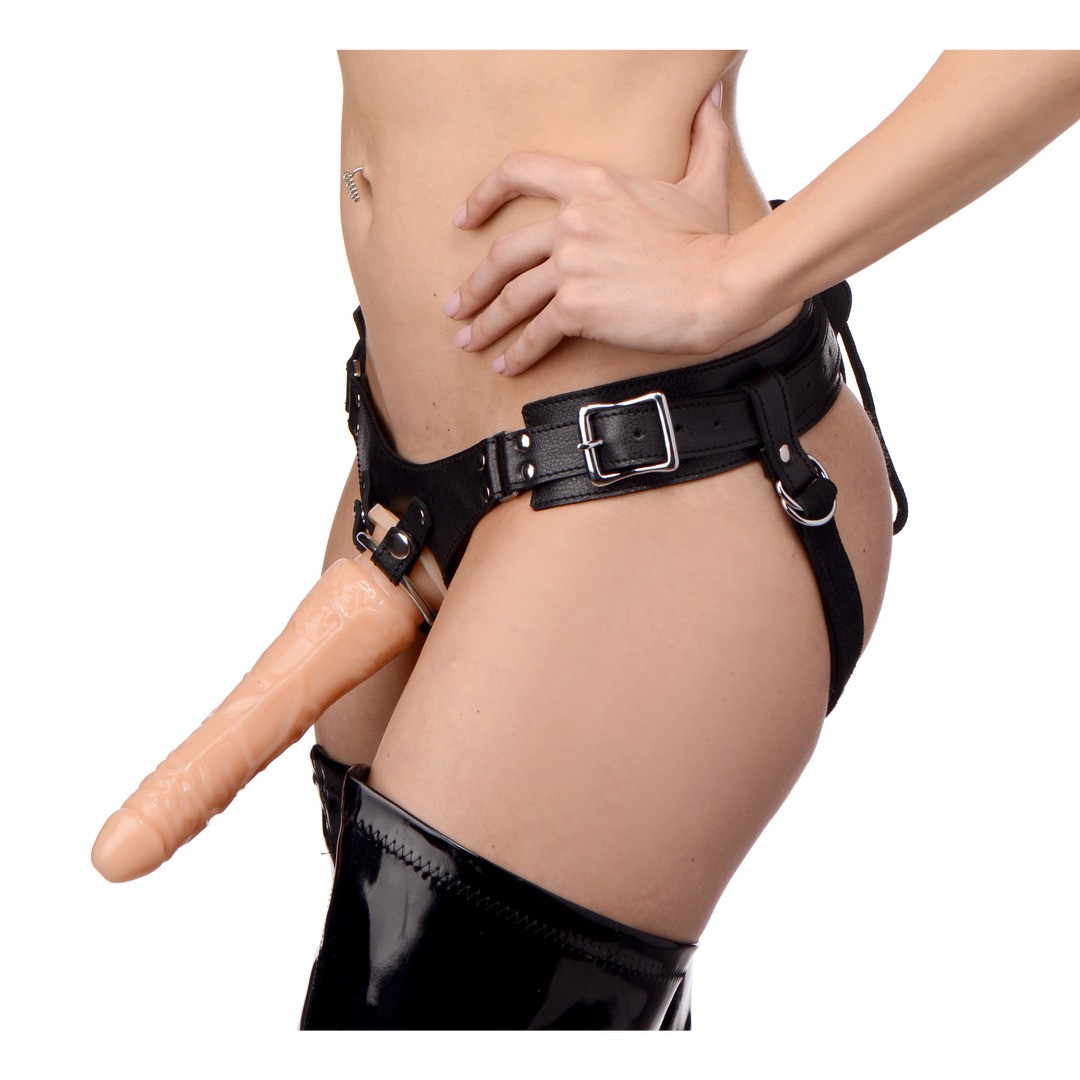 LEATHER CORSET BACK STRAP ON DILDO HARNESS - BLACK