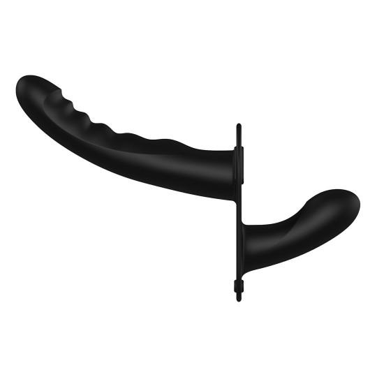 DUAL VIBRATING - RECHARGEABLE - 10 SPEED SILICONE RIBBED STRAP-ON - ADJUSTABLE - BLACK