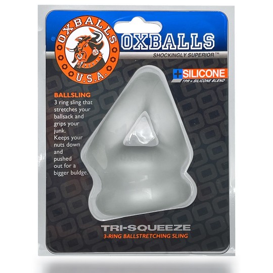 OXBALLS TRI-SQUEEZE - 3-RING COCKSLING WITH EXTENDED BALLSTRETCHER BASE - CLEAR ICE