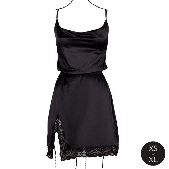 OPEN BACK SILK DRESS WITH CRISS CROSS DETAILS AND SLIT - ONE SIZE - BLACK