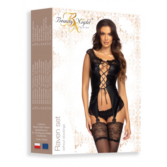 CORSET ET STRING RAVEN SET NOIR BEAUTY NIGHT FASHION