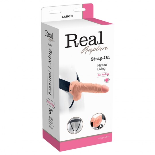 REAL RAPTURE AIR FEELING 8&quot; HOLLOW VIBRATING STRAP-ON WITH SCROTUM WHITE