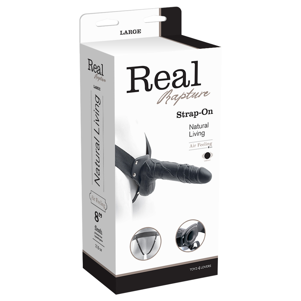 REAL RAPTURE AIR FEELING 8&quot; HOLLOW VIBRATING STRAP-ON WITH SCROTUM BLACK