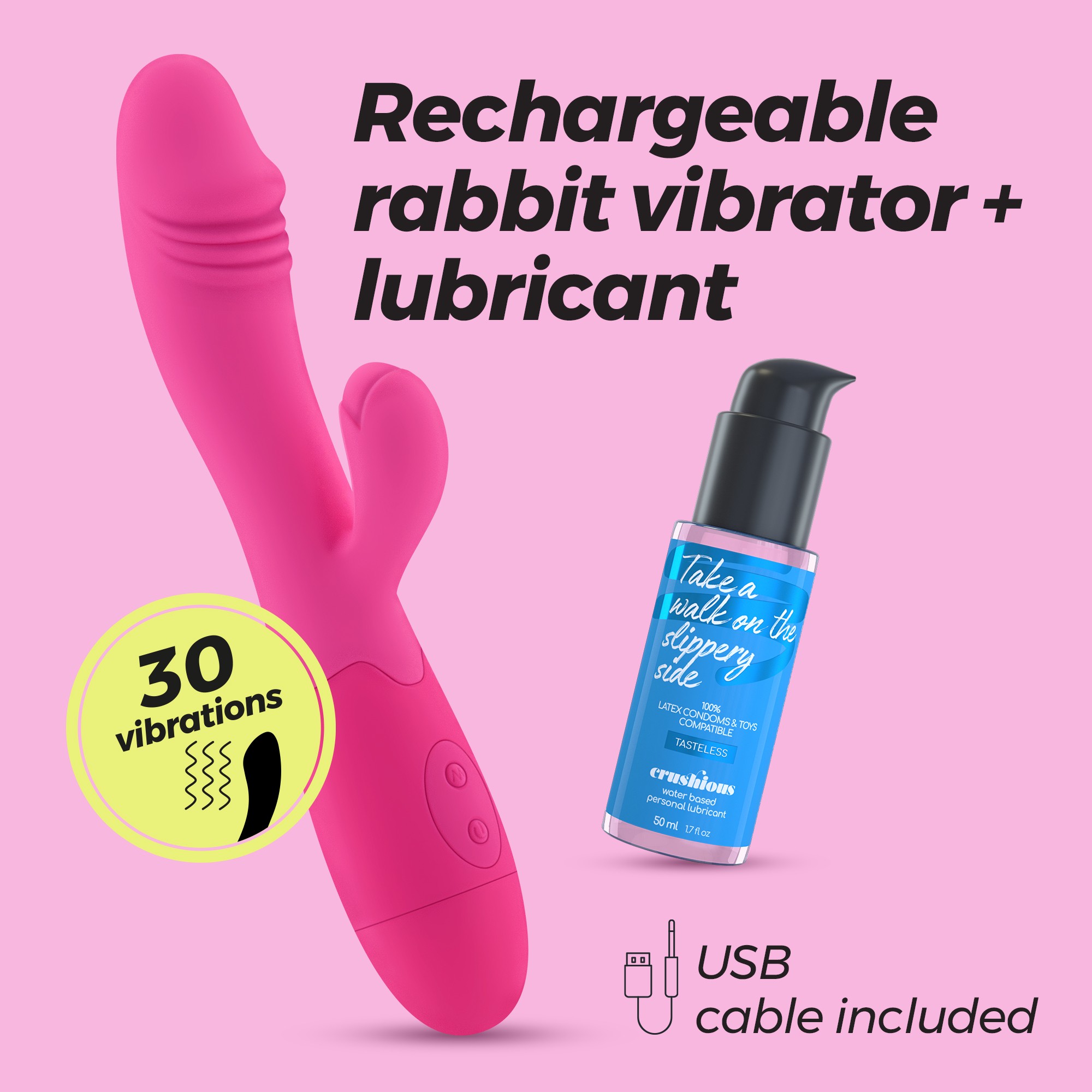 VIBRADOR RECARGABLE CON ESTIMULADOR DE CLÍTORIS BLOSSOMS ROSA FUERTE Y LUBRICANTE DE BASE AGUA INCLUIDO CRUSHIOUS