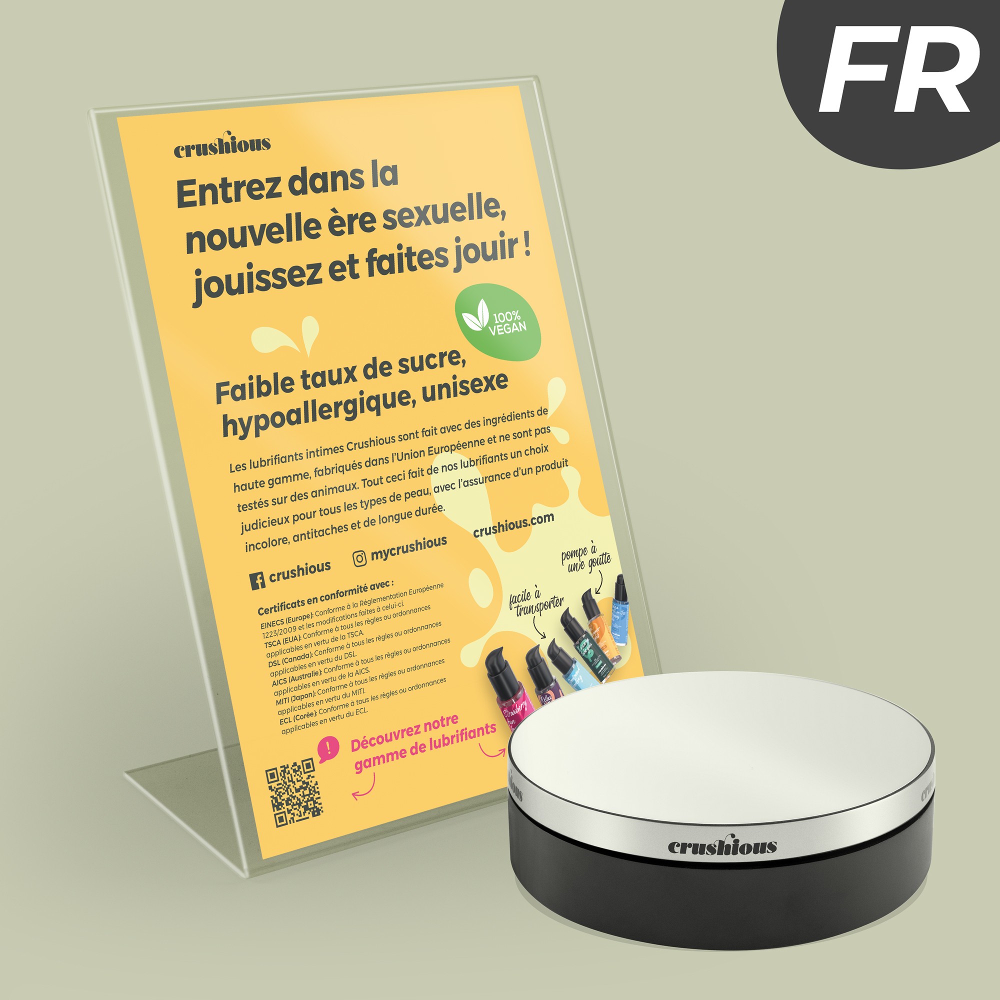 EXPOSITOR ROTATIVO CRUSHIOUS COM FLYER DE APRESENTAÇÃO LUBRIFICANTES FRANCÊS