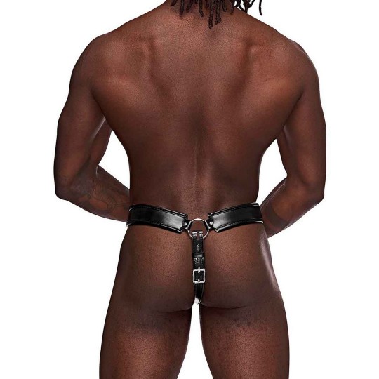 TAURUS - IMITATION LEATHER CHASTITY CAGE THONG - ONE SIZE - BLACK