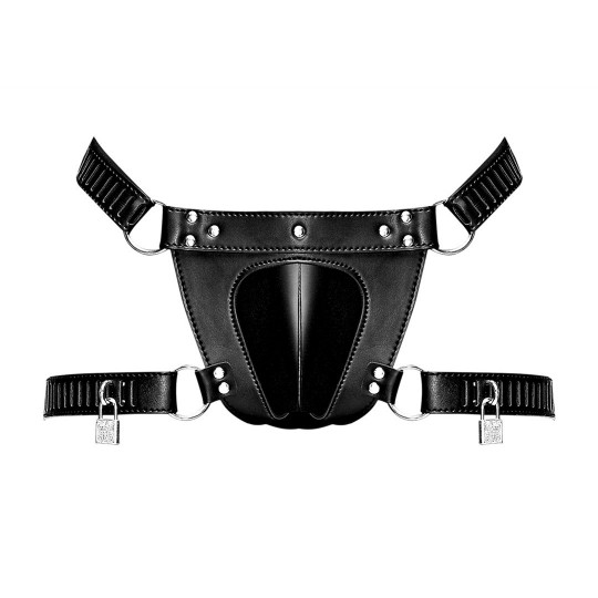 SCORPIO - IMITATION LEATHER CHASTITY THONG - ONE SIZE - BLACK