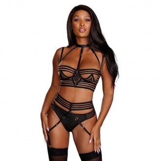 SHEER STRIPED BRA, GARTER BELT AND G-STRING SET - BLACK