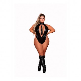 FAUX HALTER TEDDY WITH FLOGGER - PLUS SIZE - BLACK