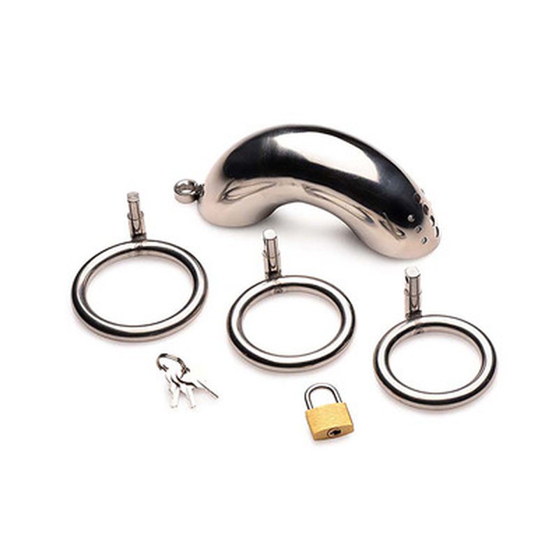 LOCKABLE STAINLESS STEEL CHASTITY CAGE WITH 3 RINGS