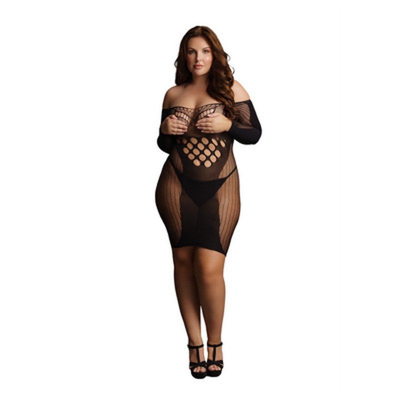 CONTRAST NET LONG SLEEVED MINI DRESS - PLUS SIZE